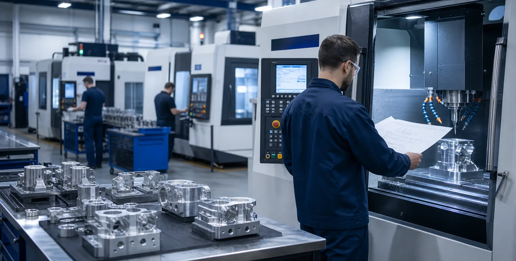 Custom CNC Machining Factory Modern CNC machining factory with engineer inspecting precision aluminum parts