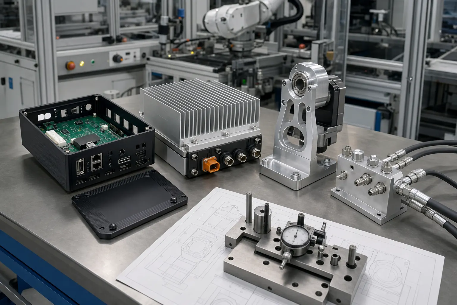 Aluminum CNC parts installed in electronics thermal management automation bracket and fluid manifold applications