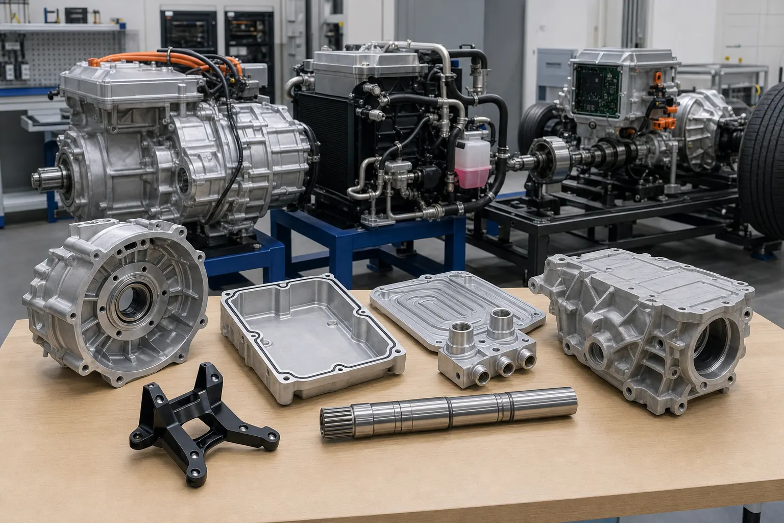 CNC machined automotive and EV motor housing inverter enclosure cooling plate manifold bracket shaft and drivetrain applications