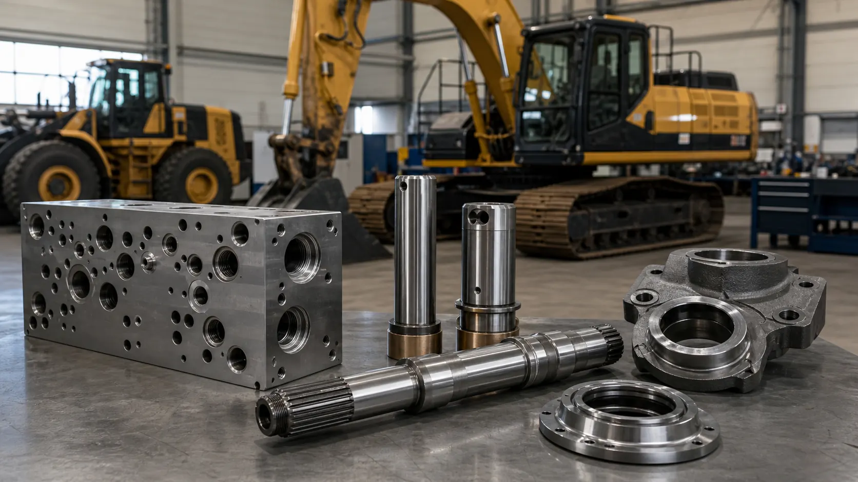 Precision CNC machined construction equipment parts with hydraulic manifold excavator pins bushings shaft hub and bearing housing
