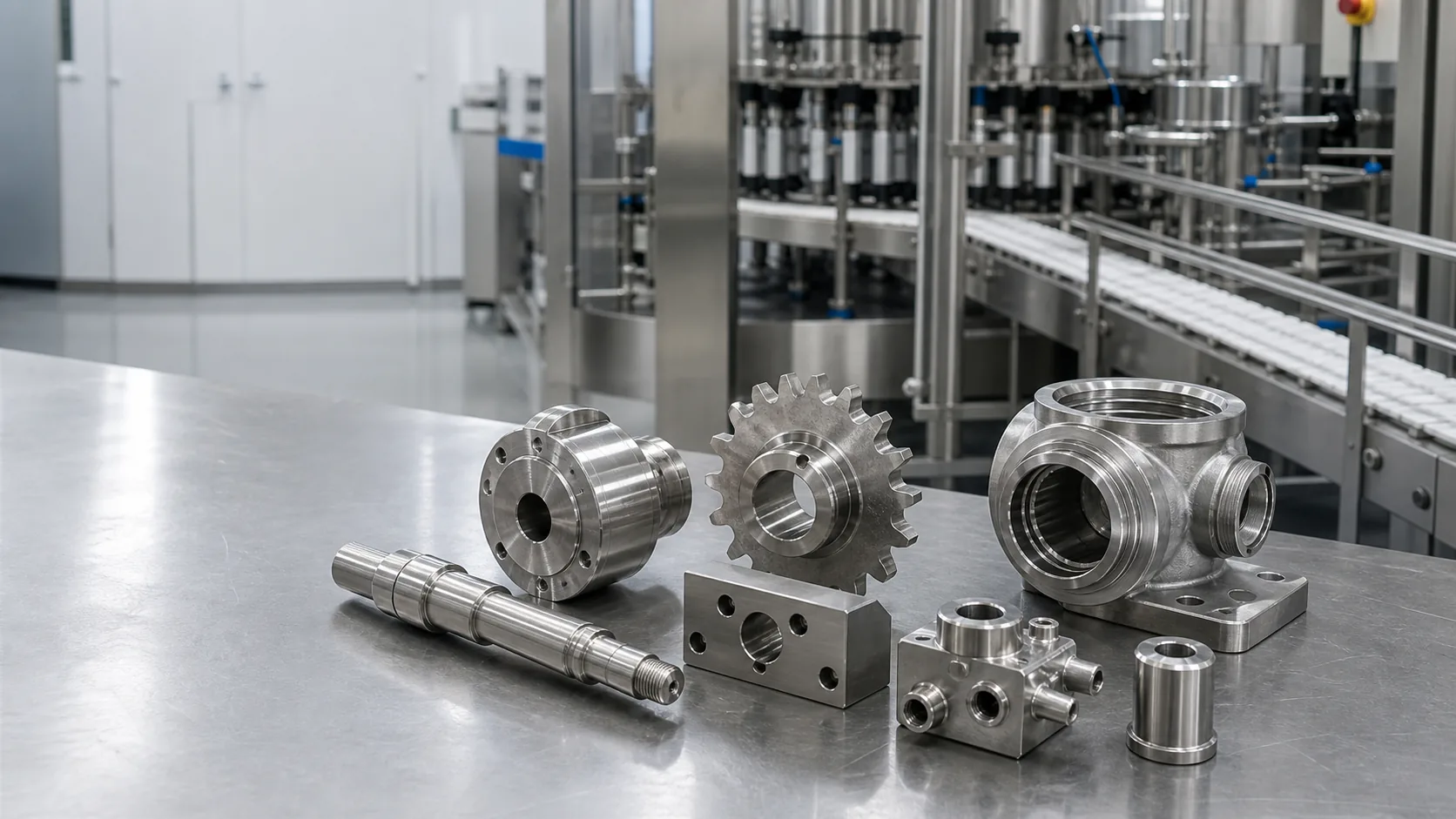 Precision CNC machined stainless food processing equipment parts with shafts sprockets manifolds and valve housings