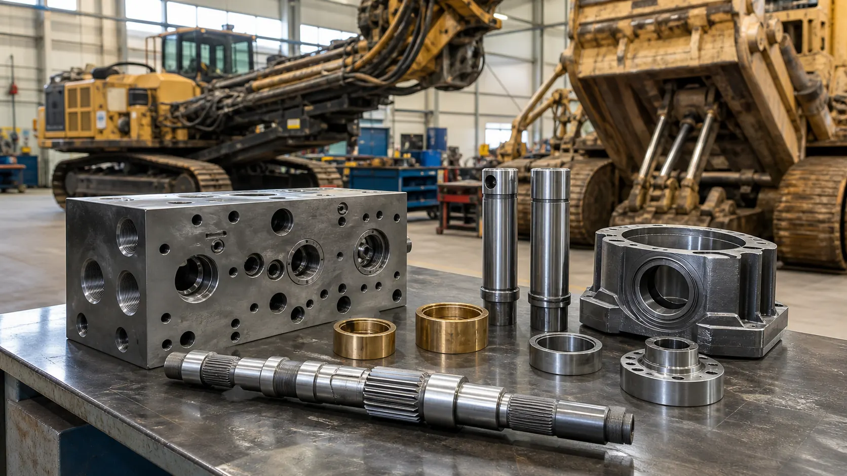 Precision CNC machined mining equipment parts with hydraulic manifold drill shaft pins bushings bearing carrier and heavy machinery