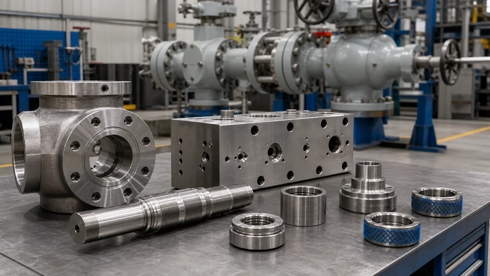 Precision CNC machined oil and gas equipment parts with valve body manifold threaded mandrel sleeves seal carriers and pressure-control equipment