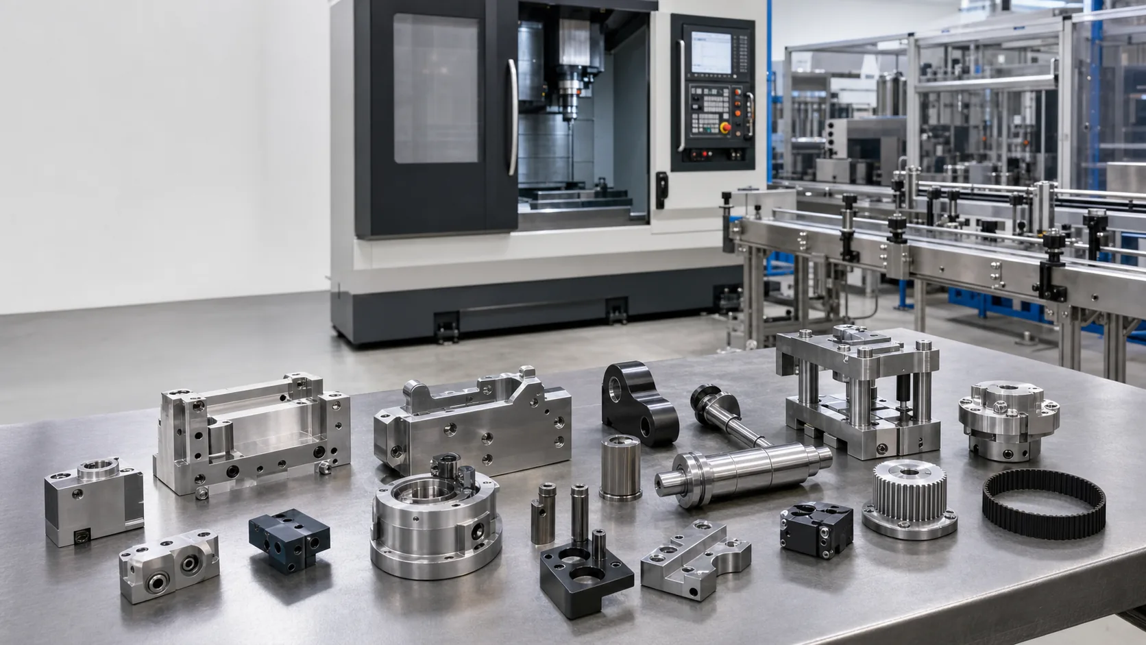 Precision CNC machined packaging machinery parts with shafts guides rollers and changeover tooling