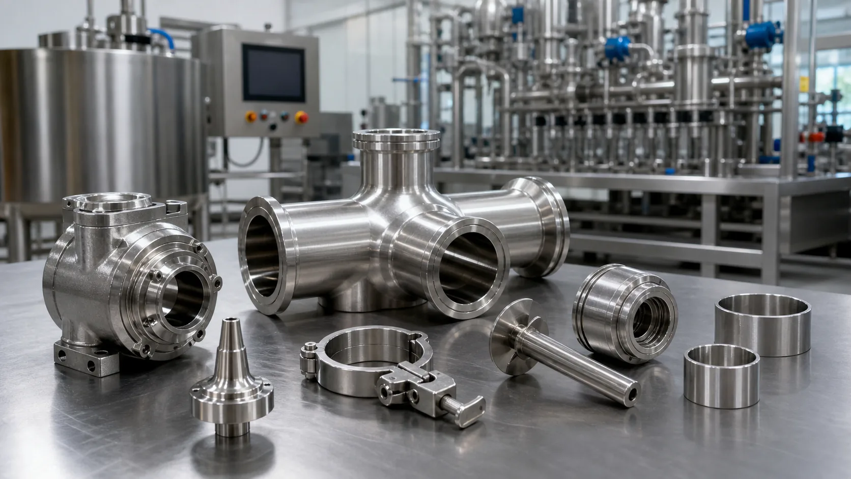 Precision CNC machined stainless pharmaceutical equipment parts with manifolds nozzles valve housings shafts and sanitary fittings