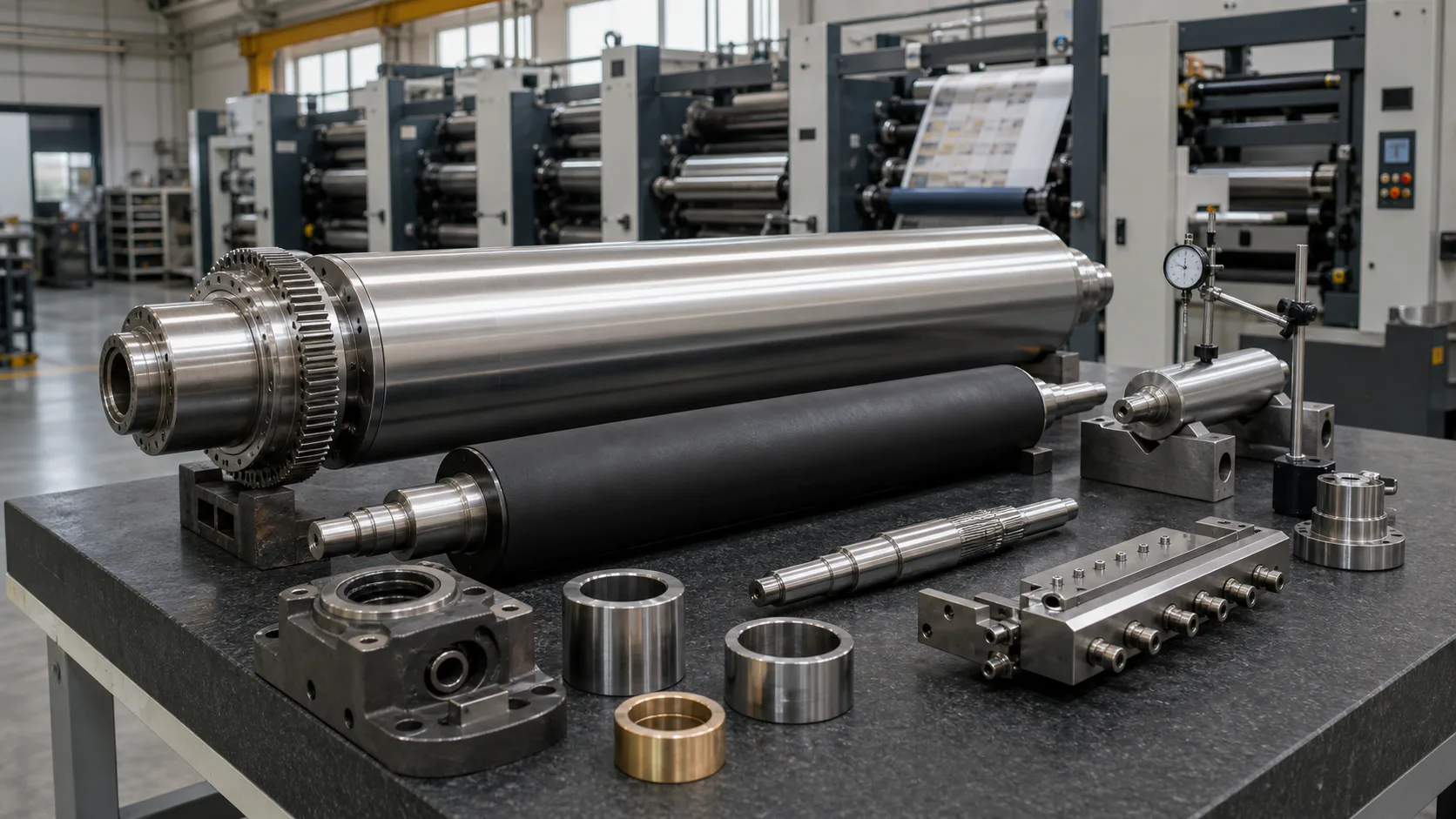 Precision CNC machined printing press cylinder rubber roller shafts gears bearing carrier sleeves and inspection setup
