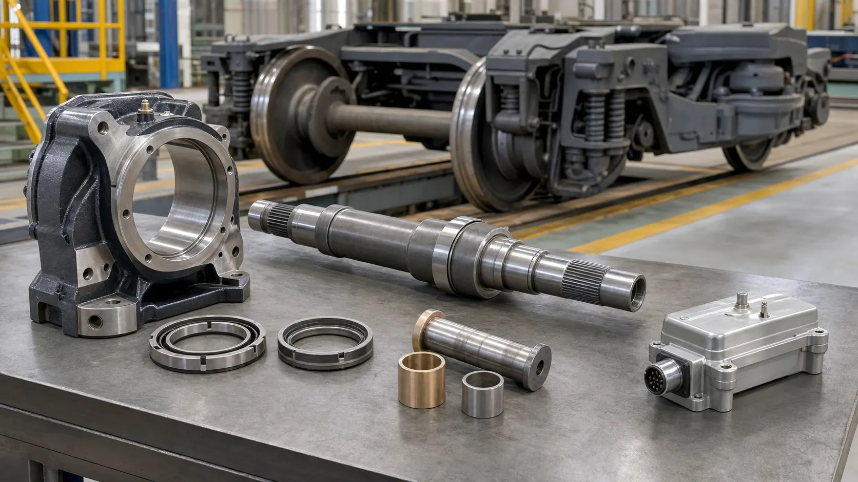 Precision CNC machined railway equipment parts with axle box bearing housing drive shaft labyrinth seals pin bushings and rail bogie