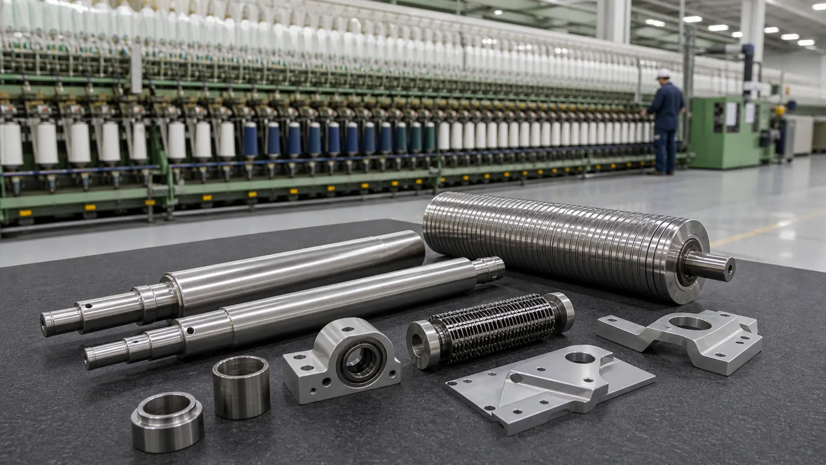 Precision CNC machined textile machinery spindles grooved rollers guides bearing housing sleeves and mounting plates in a spinning factory